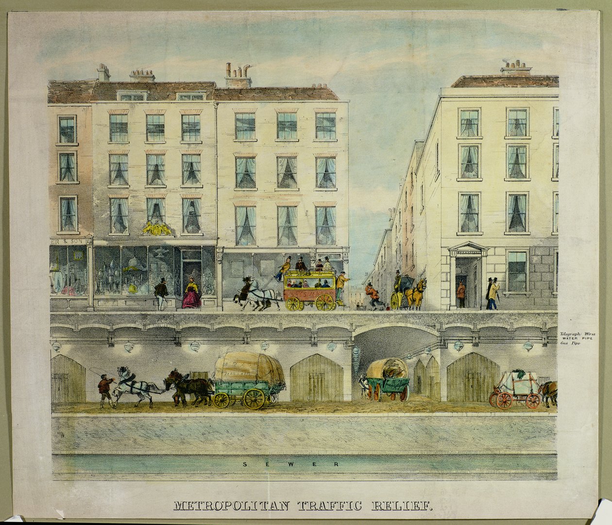 Vista de una calle londinense con túnel propuesto para aliviar el tráfico, c.11850 (litografía) de English School