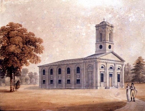 Vista de una iglesia neoclásica en un parque, c.1790 de English School