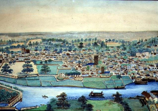Vista de una ciudad y un río, c.1830 de English School