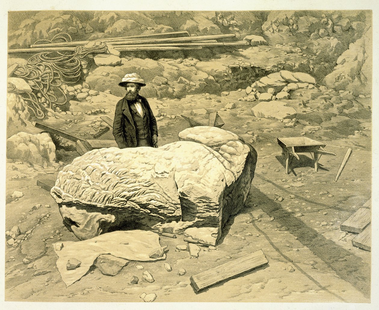 Vista de un león colosal de lado, con Newton detrás, de Una Historia de los Descubrimientos en Halicarnaso, Cnido y Branchidae, por Charles Thomas Newton (1816-94) publicado en 1862 de English School