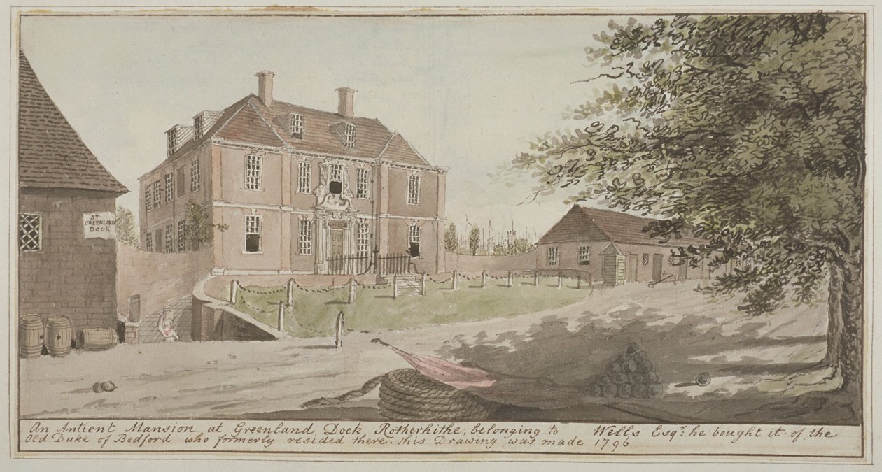 Vista de una mansión antigua en Greenland Dock en Rotherhithe, Bermondsey, 1796 de English School