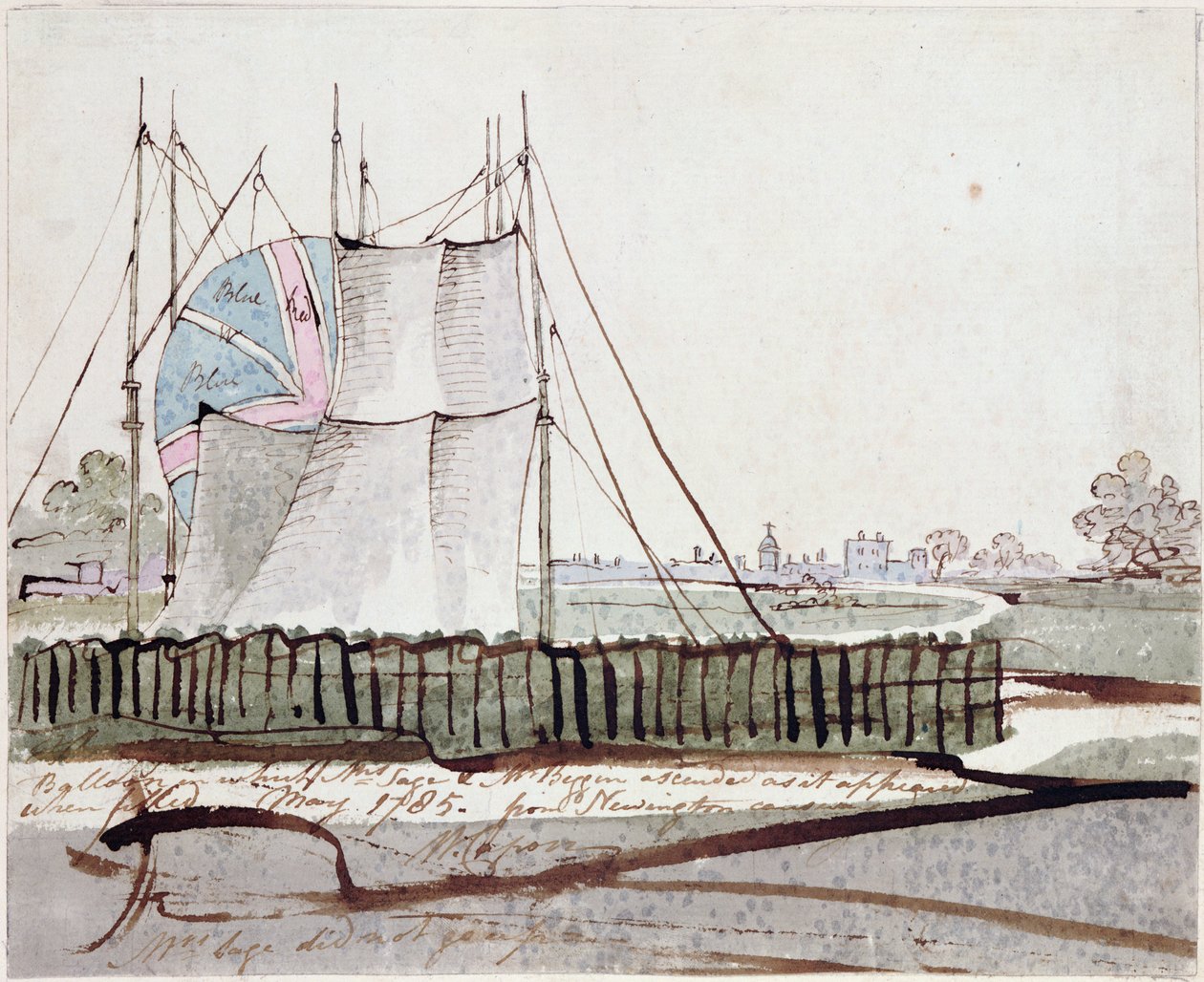 Vista del globo en Newington Causeway, mayo de 1785 (tinta y acuarela sobre papel) de English School