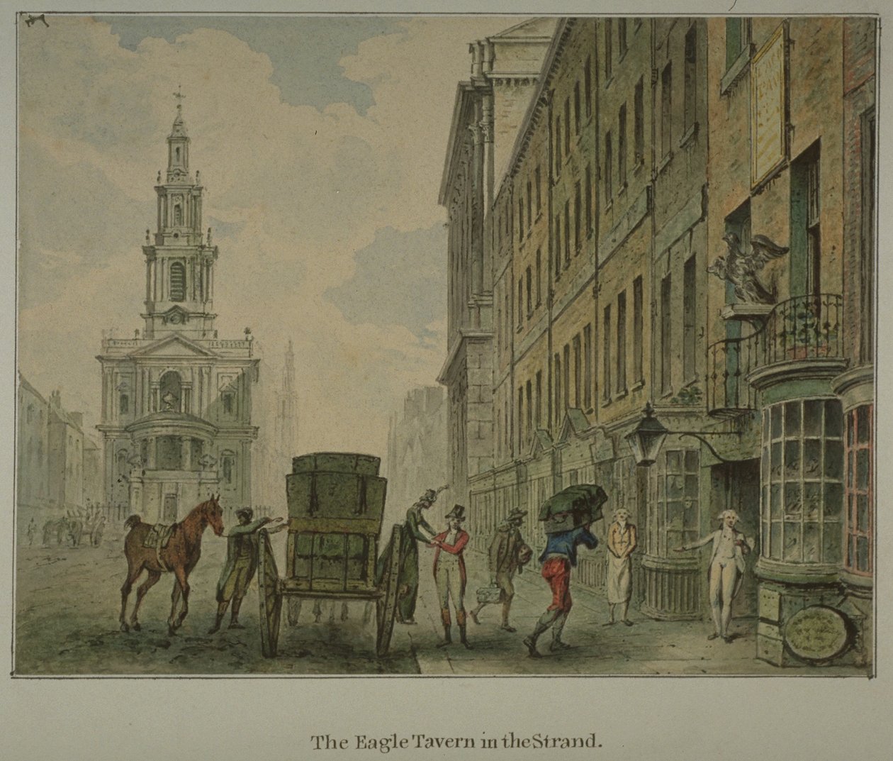 Vista de la Taberna Eagle en el Strand, Westminster, con un hombre descargando productos de un carro tirado por caballos en la carretera y St Mary le Strand en la distancia, c.1800 de English School