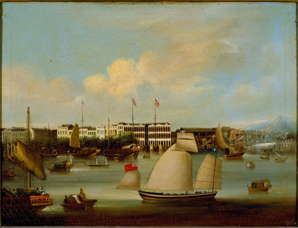 Vista de las fábricas extranjeras, Cantón, antes de 1850 (óleo sobre lienzo) de English School