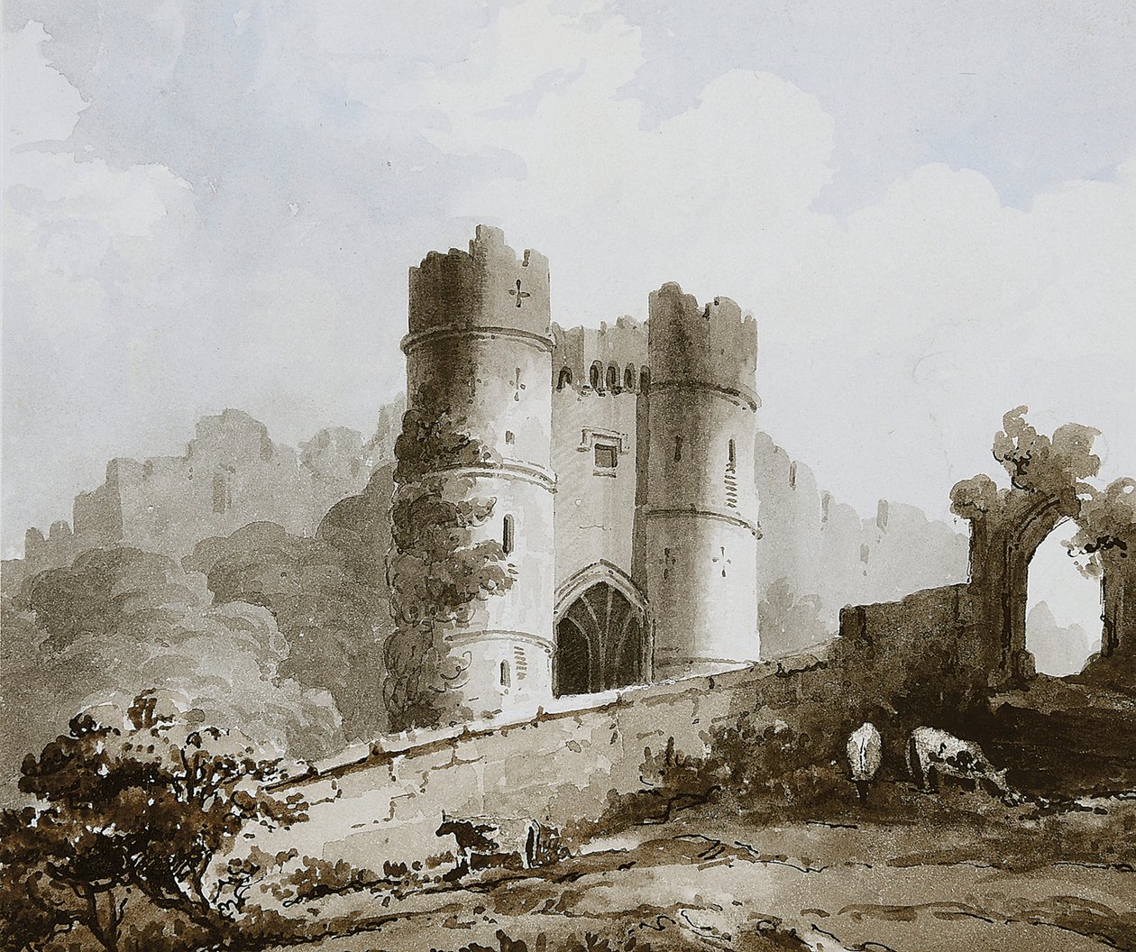 Vista de la puerta del castillo de Carisbrooke, Isla de Wight de English School