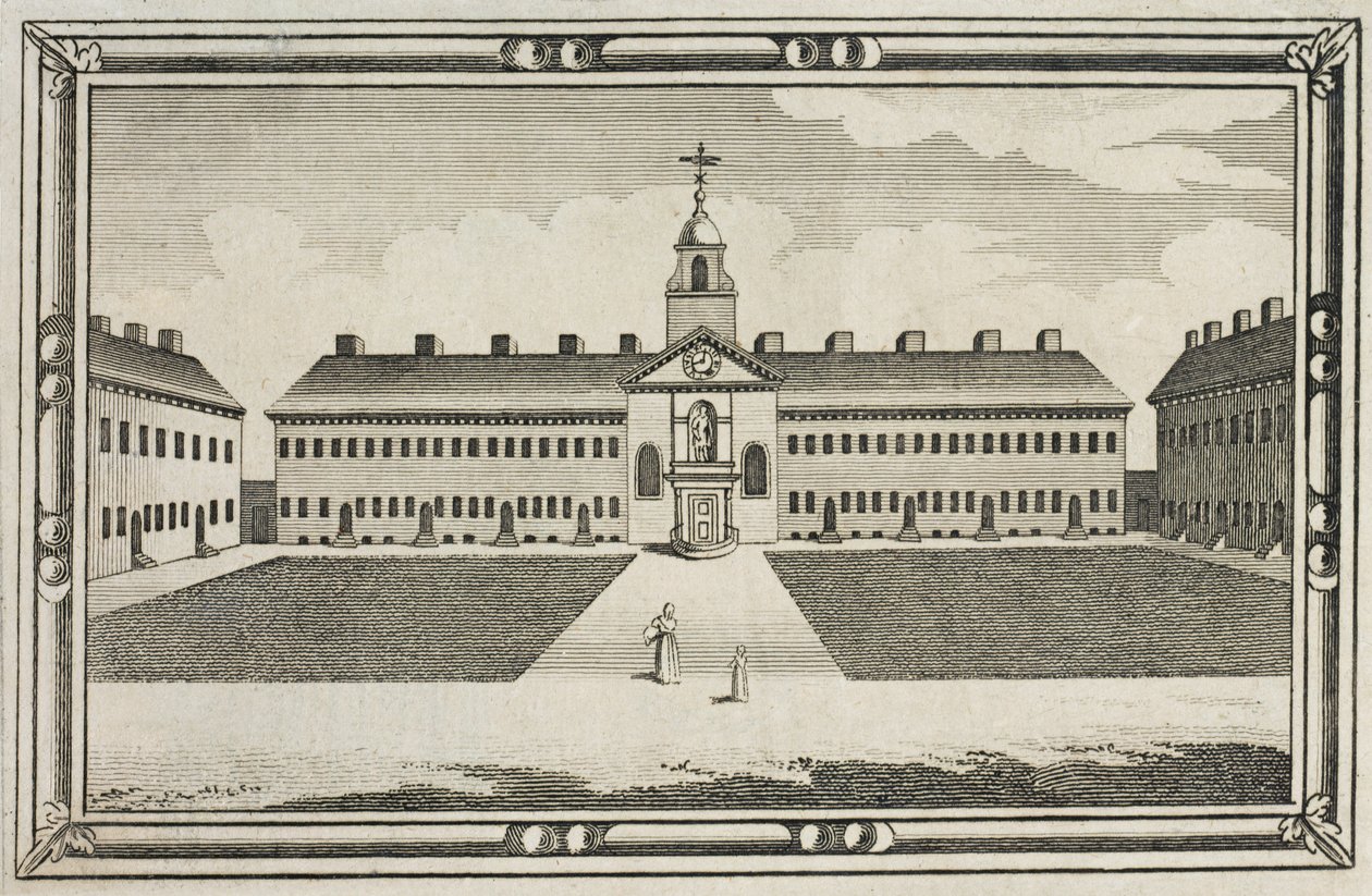 Vista de las Casas de Beneficencia de la Compañía de Ferreteros, Kingsland Road, Hackney, c.1820 de English School