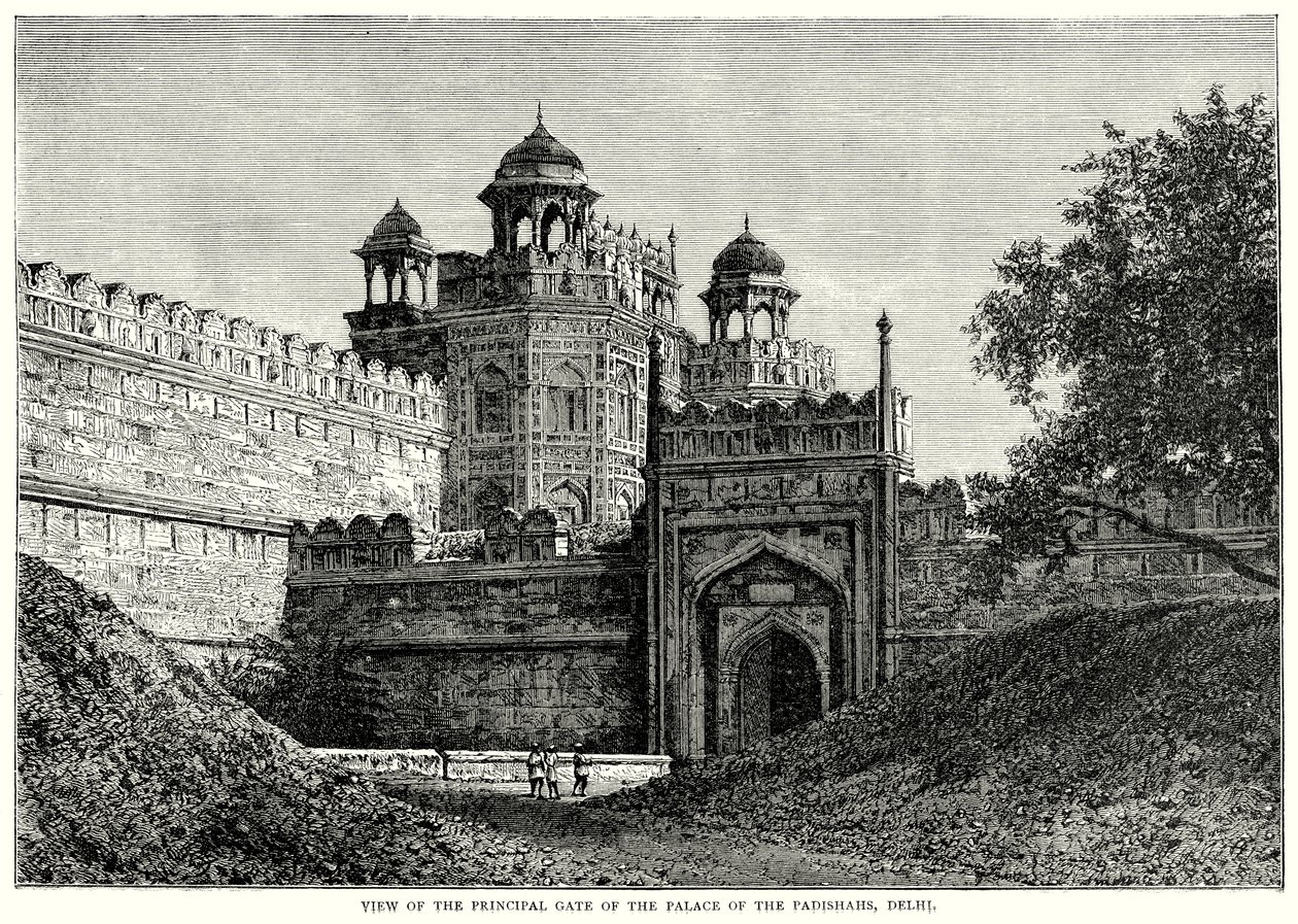 Vista de la puerta principal del palacio de los Padishahs, Delhi (grabado) de English School