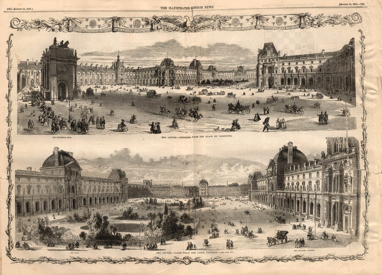 Vistas del Cour Carrée del Louvre en París. Grabado en “The illustrated London News” del 15 de agosto de 1857. de English School
