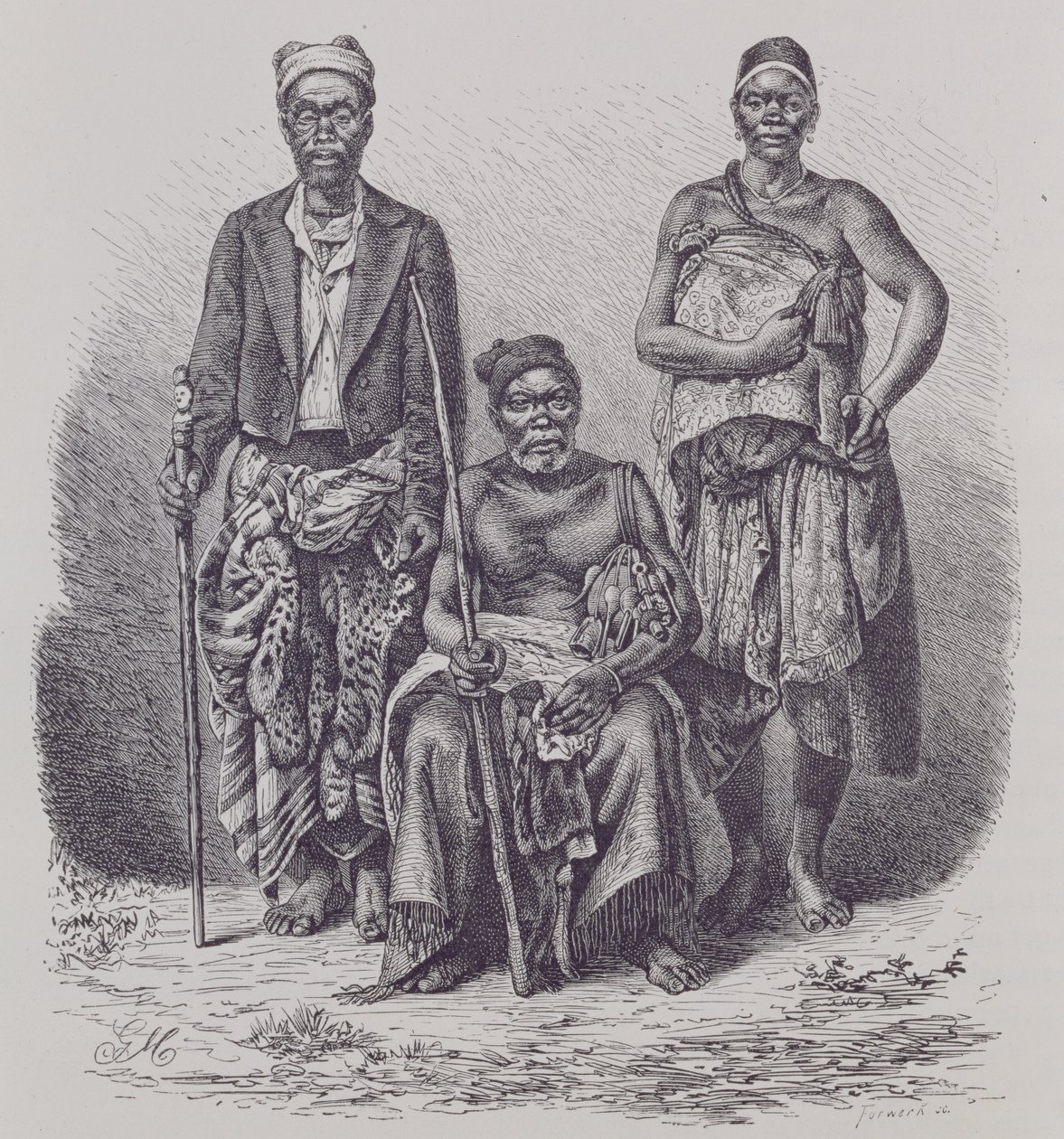Jefe de aldea de la Costa de Loango, con esposa y dignatario, grabado de una fotografía por el Dr. Falkenstein, de 