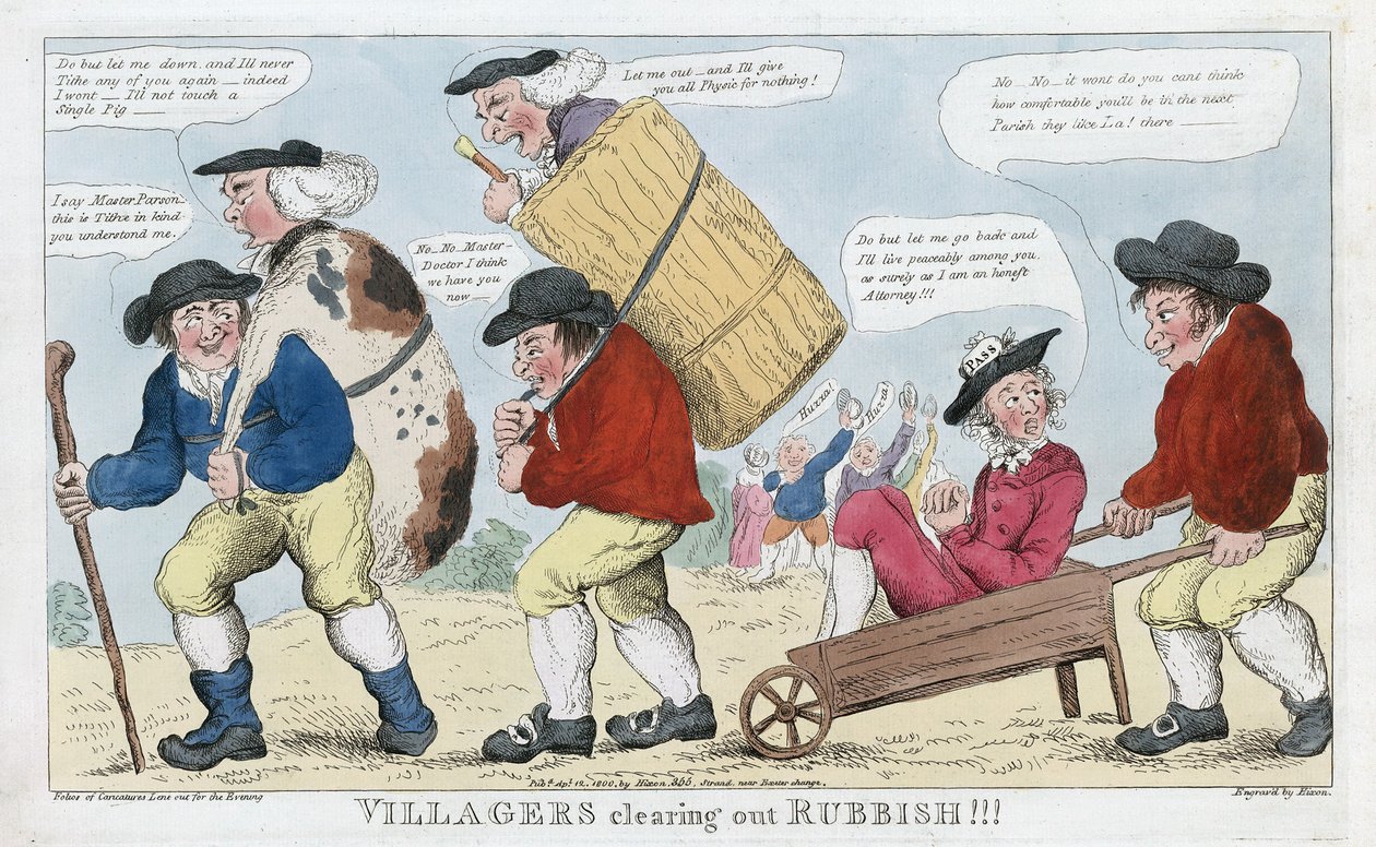 Aldeanos Limpiando Basura!!!, pub. 1800 (grabado coloreado a mano) de English School
