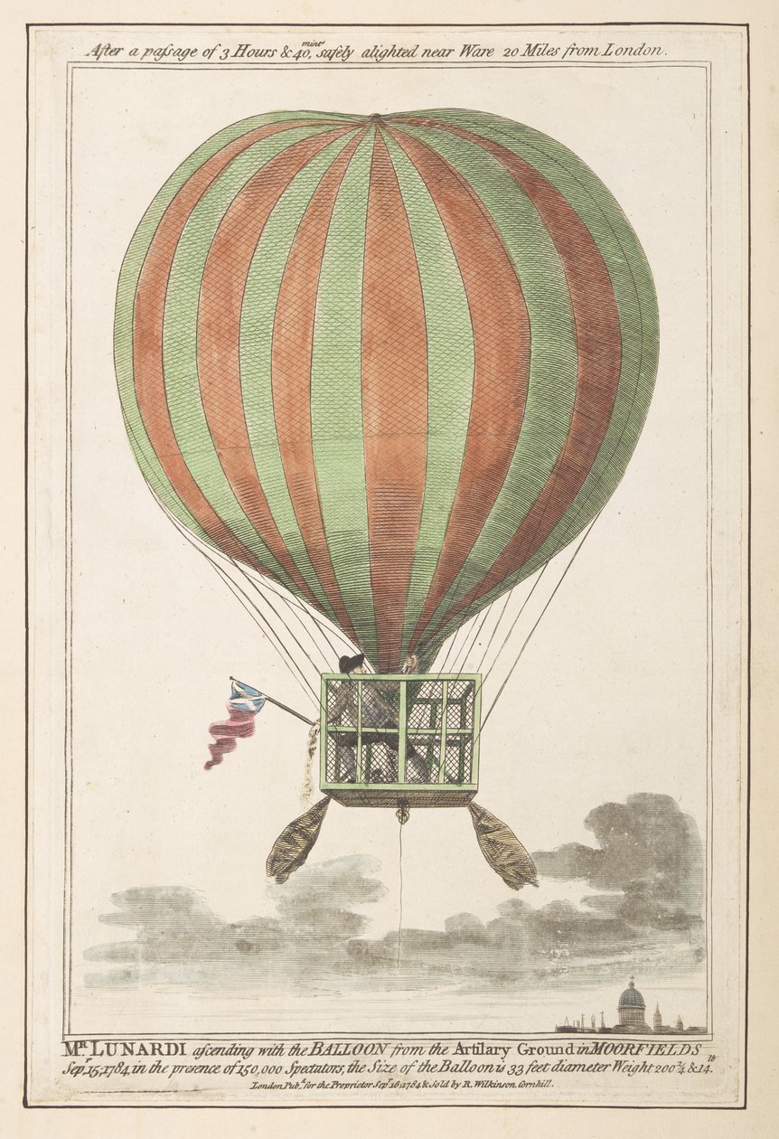 Vincent Lunardi en el aire después de su ascenso desde Moorfields, septiembre de 1784 (grabado en color) de English School