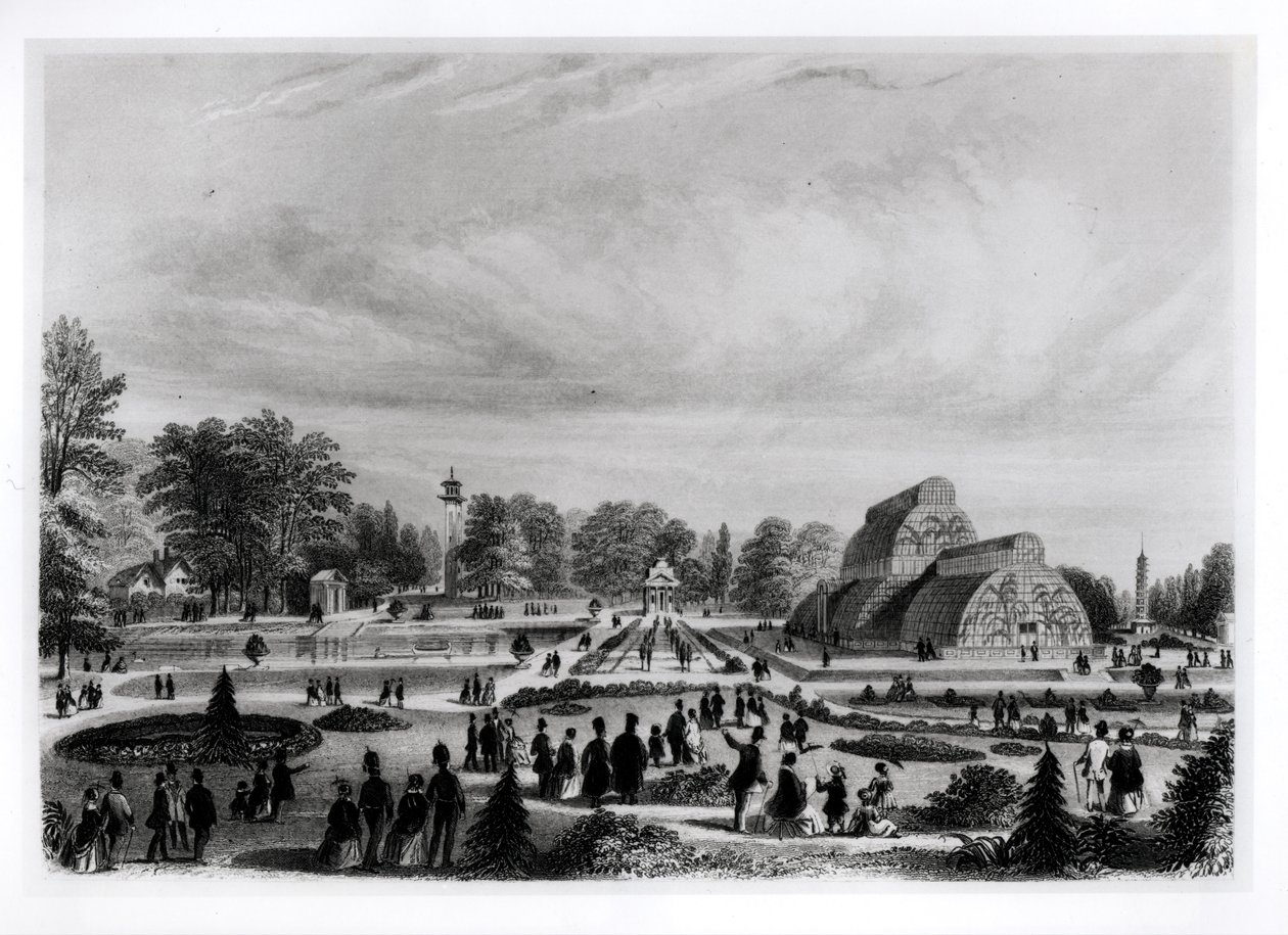 Visitantes viendo la Casa de las Palmas en el Palacio de Kew, c.1860s de English School