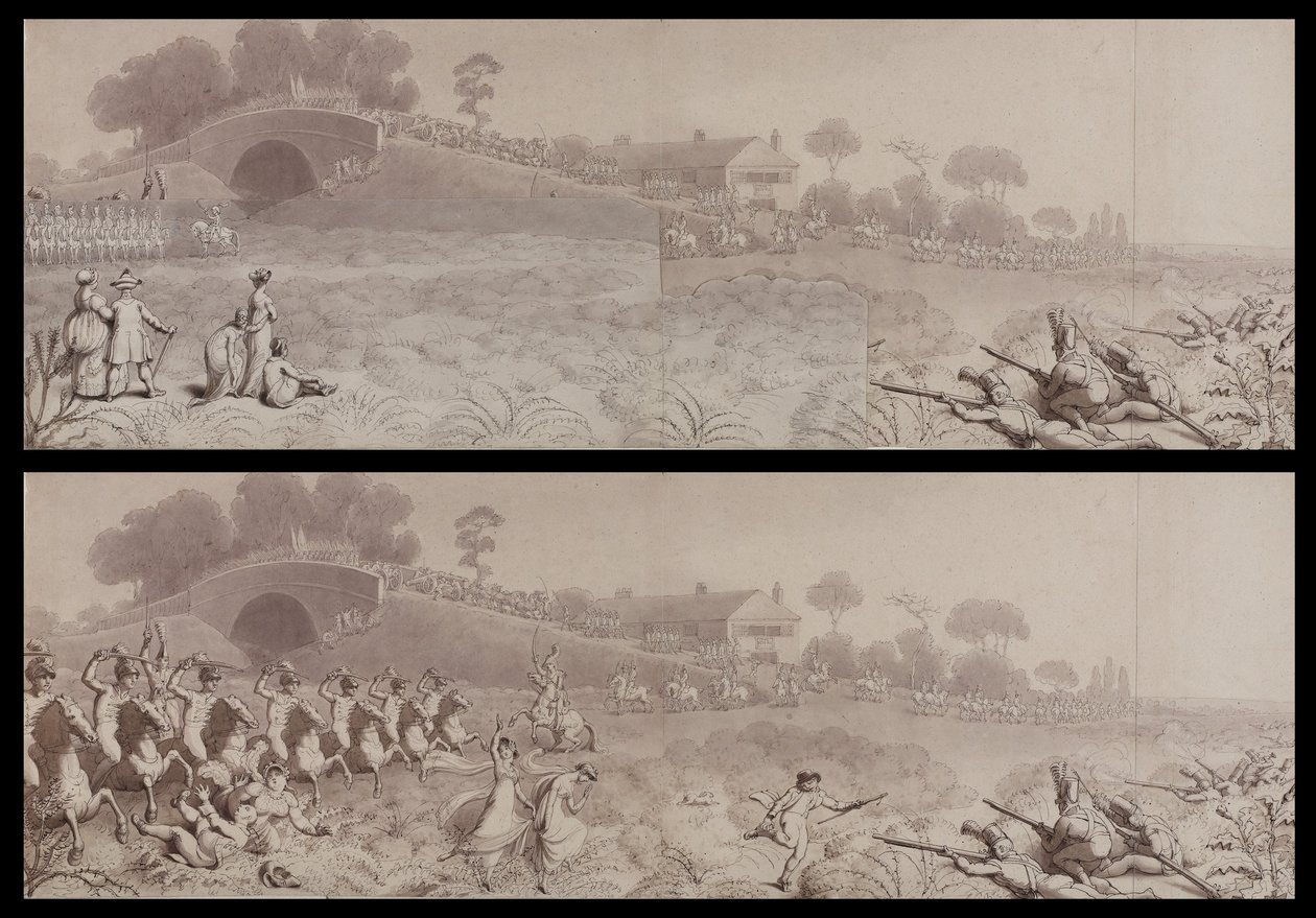 Revisión voluntaria en Wormwood Scrubs mostrando la Taberna Mitre y el Puente Mitre, Hammersmith, c.1800 de English School