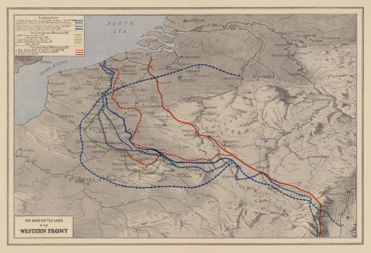 WW1: Las principales líneas de batalla del Frente Occidental (litografía en color) de English School