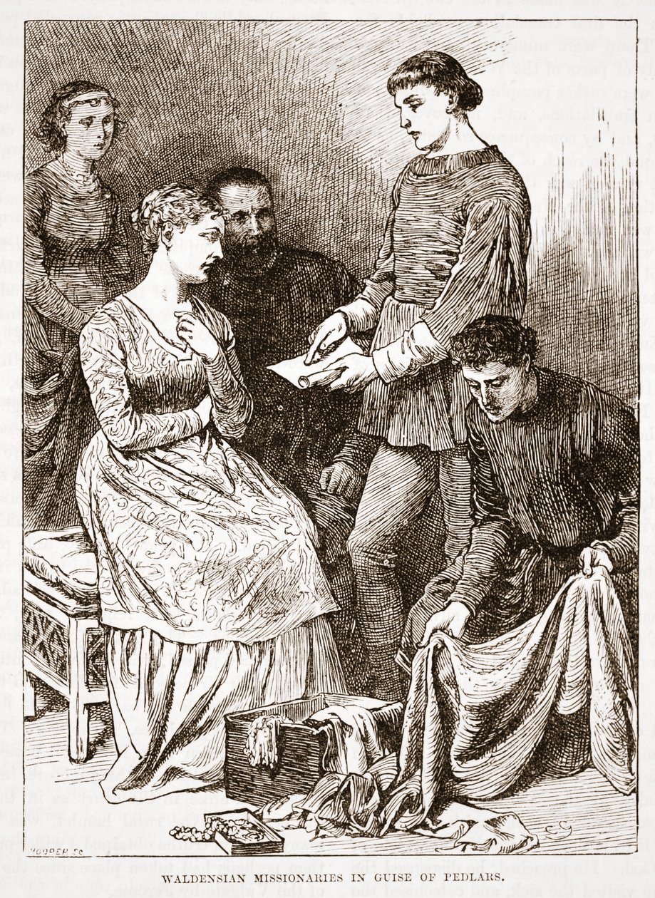Misioneros valdenses disfrazados de vendedores ambulantes, ilustración de La Historia del Protestantismo por James Aitken Wylie (1808-1890), pub. 1878 de English School