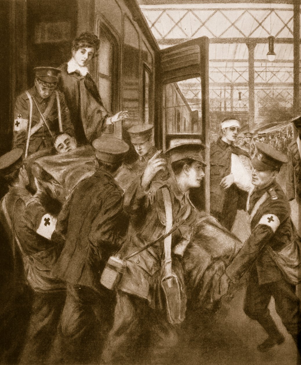 Heridos de guerra llegando a una terminal de tren de Londres, 1914-19 de English School