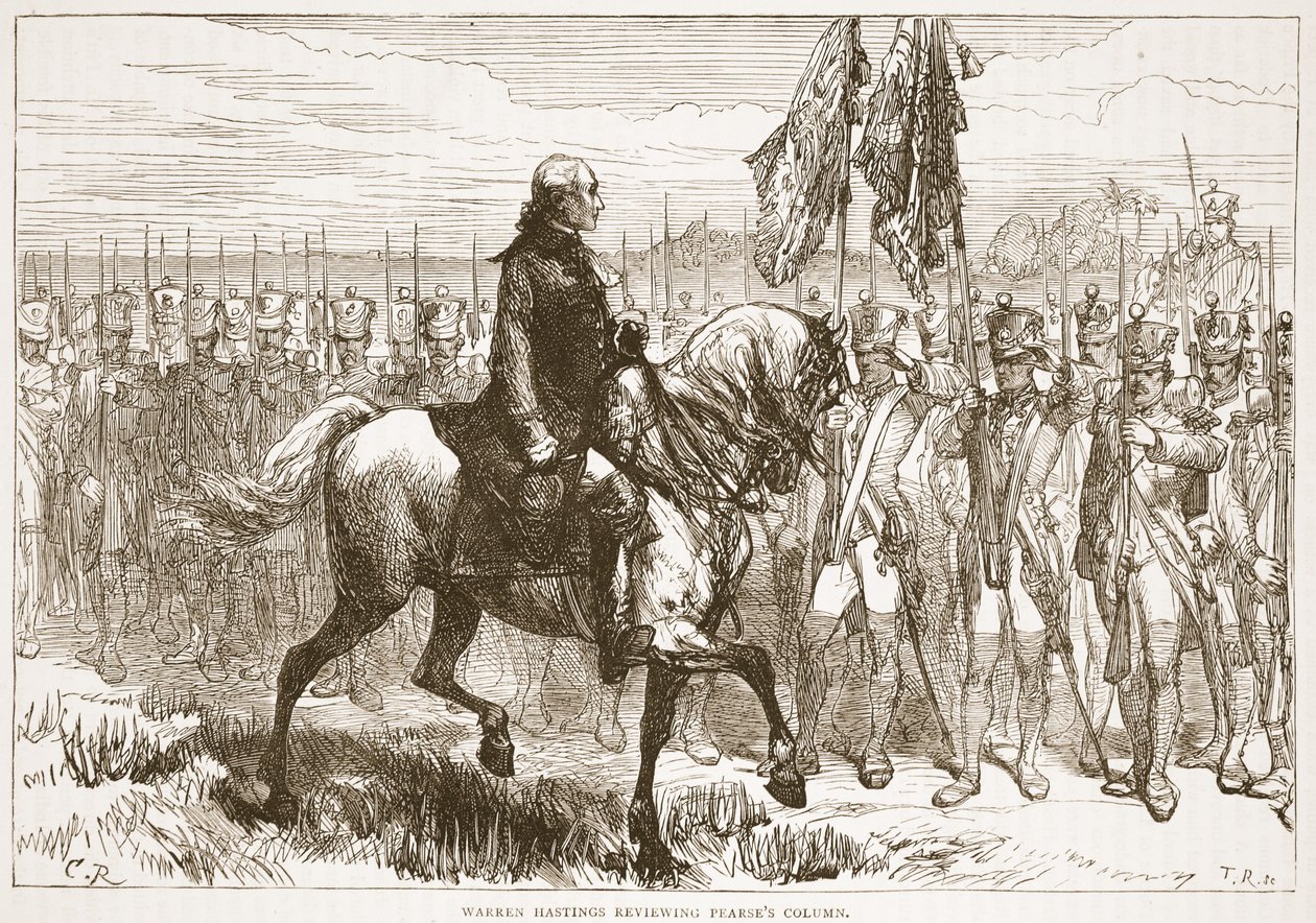 Warren Hastings revisando la columna de Pearse, ilustración de Cassells Illustrated History of India de James Grant, pub. 1879 de English School