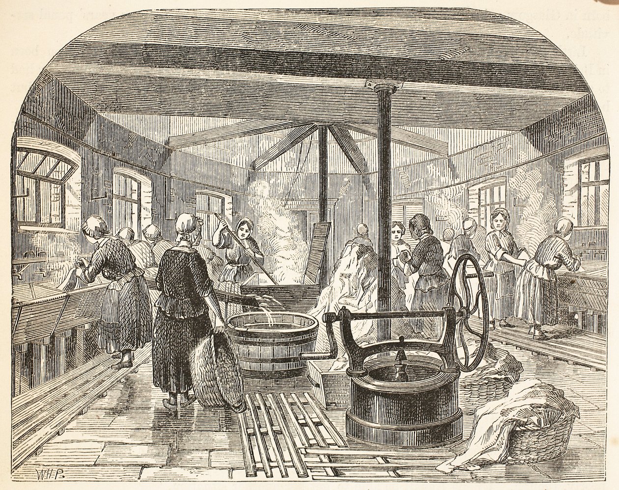 Lavandería en la prisión de Brixton, ilustración de Las prisiones criminales de Londres y escenas de la vida en prisión de Henry Mayhew y John Binny, pub. 1862 de English School