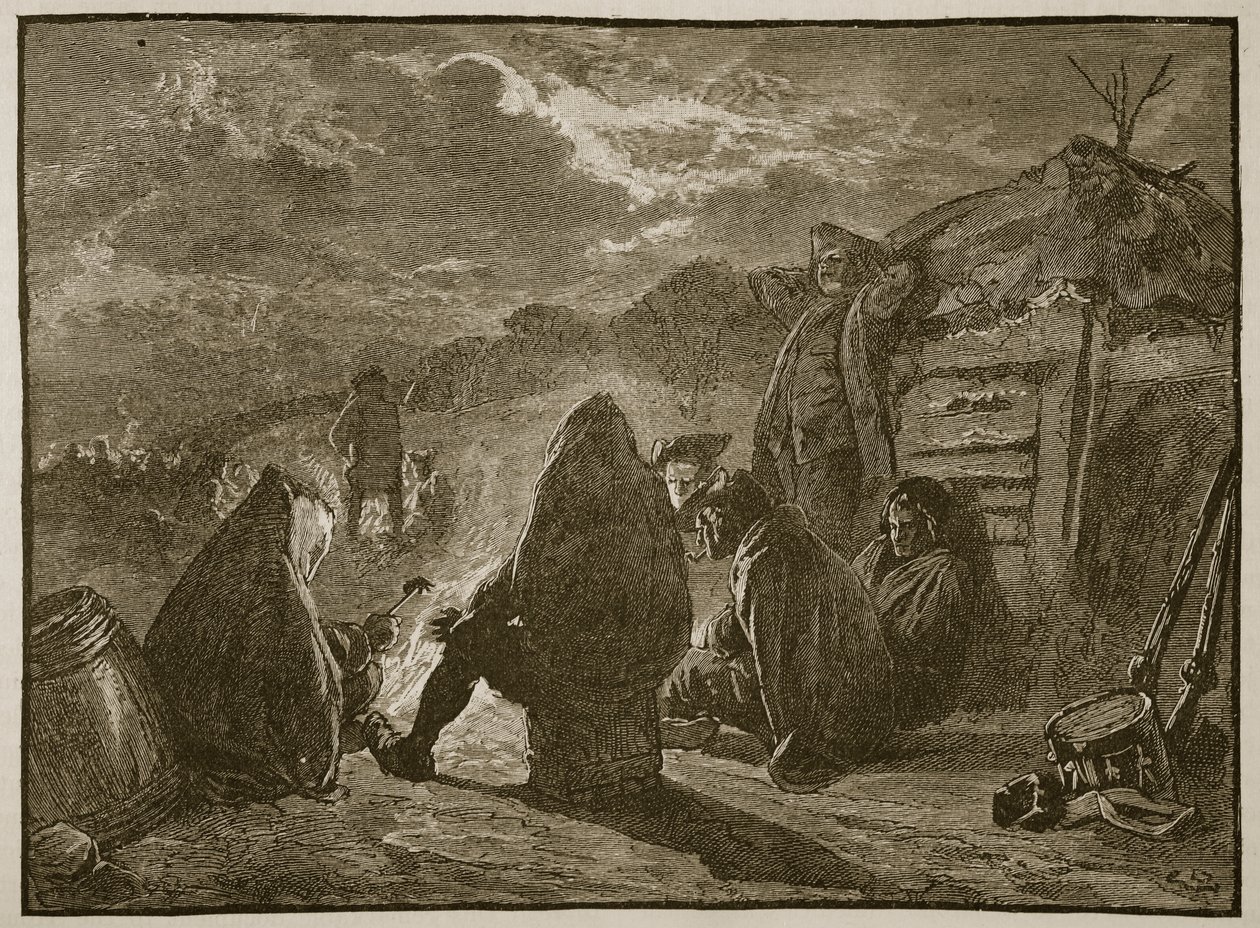 Washington junto a la fogata en Valley Forge, ilustración de Cassells Illustrated History of England de English School