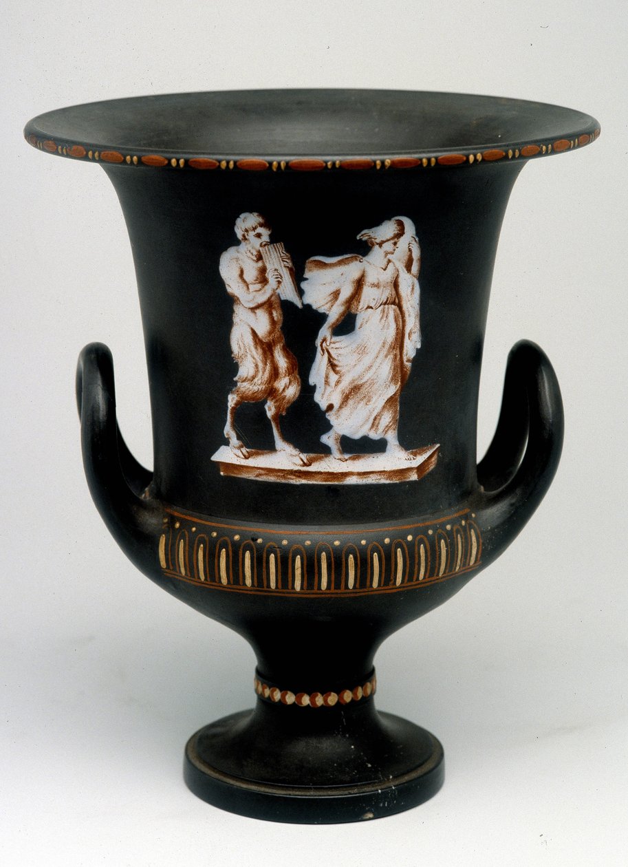 Jarrón Wedgwood que representa a una joven y un sátiro de cerámica negra pintado "con la encáustica". Inglaterra, alrededor de 1775 - 1790. Oficina de Medallas, BN en París de English School
