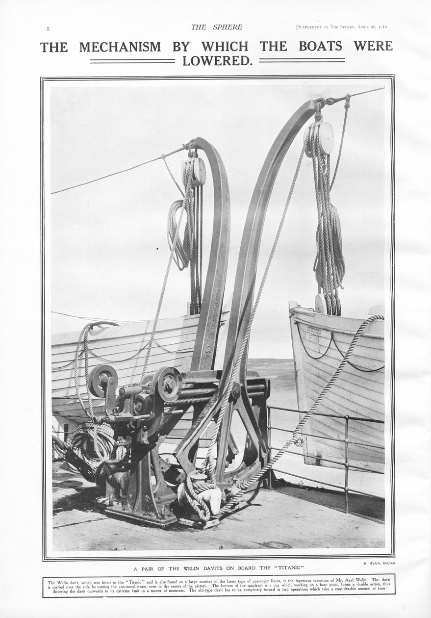 Dabitas Welin, el mecanismo por el cual se bajaron los botes, de The Sphere, 27 de abril de 1912 de English School