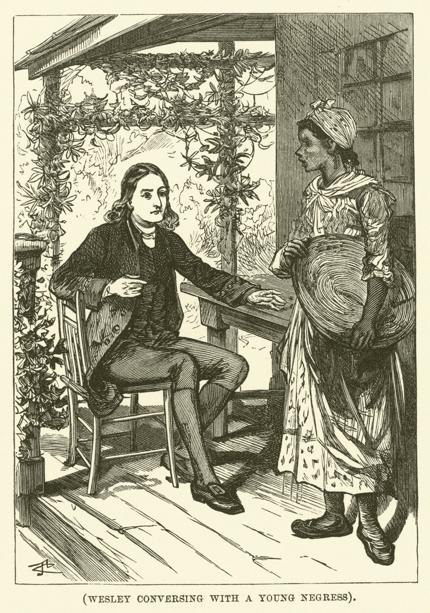 Wesley conversando con una joven negra (grabado) de English School