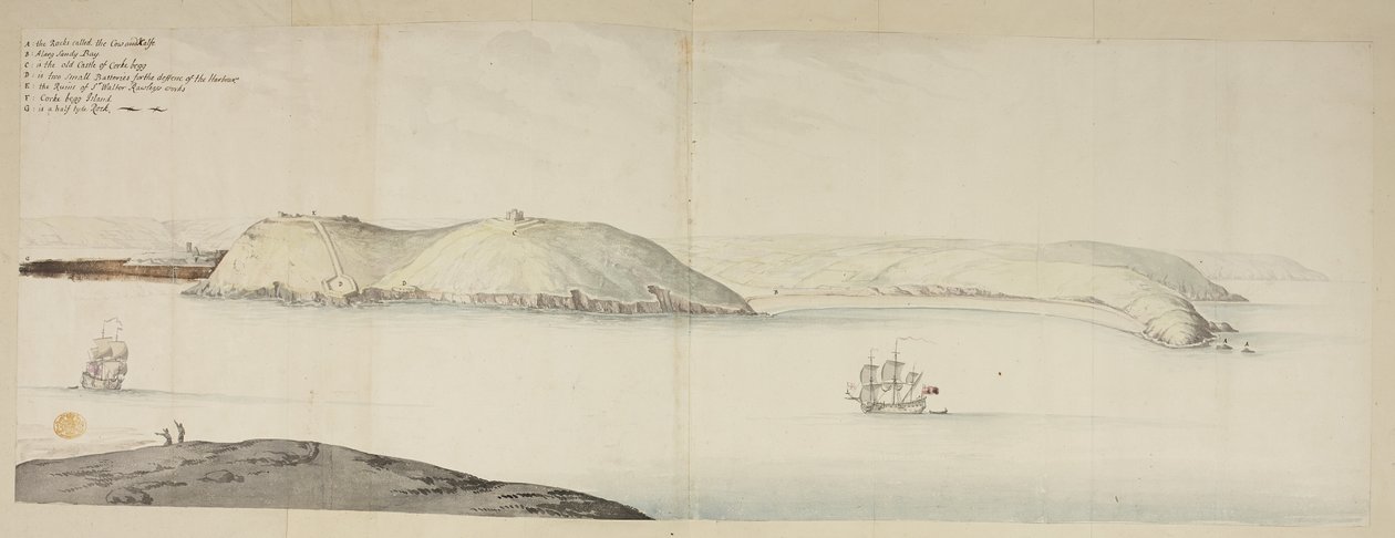 Entrada oeste del puerto de Cork, desde Kidds, o Cow and Calf, hasta Cross Beg Island; Entrada oeste del puerto de Cork, que muestra la isla Halbowlin, la isla Spike y Cross Haven, c.1684 (pluma, tinta y acuarela sobre papel) de English School