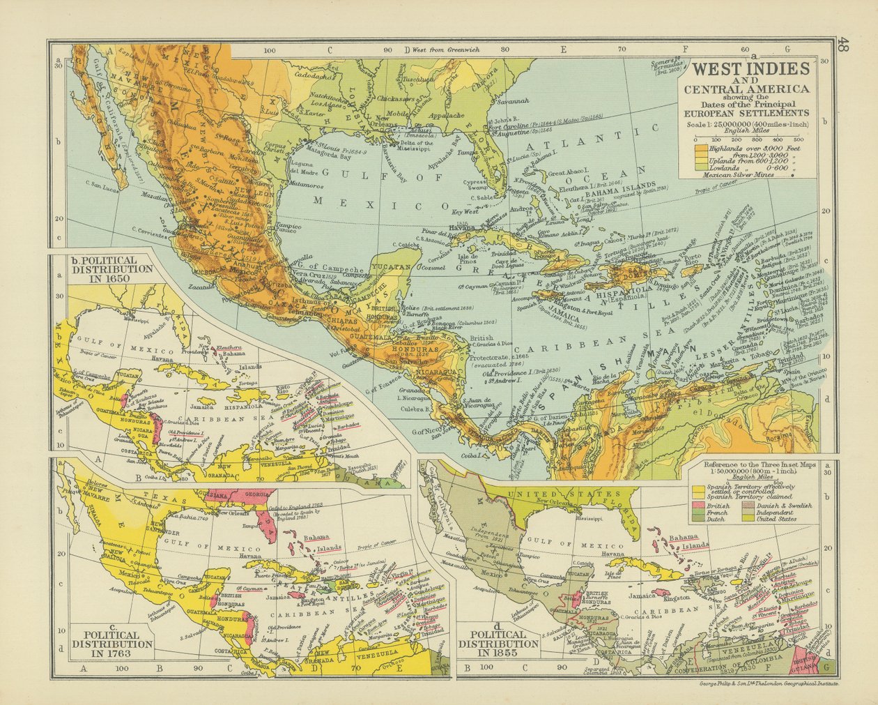 Indias Occidentales y América Central con indicación de las fechas de los principales asentamientos europeos (litografía en color) de English School