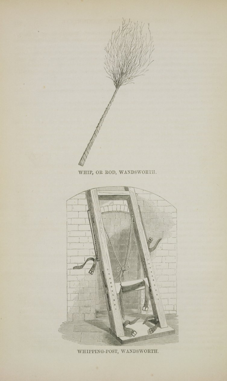 Látigo o Vara y Poste de Azotes en Wandsworth, de Las Prisiones Criminales de Londres y Escenas de la Vida en Prisión por Henry Mayhew y John Binny, 1862 de English School