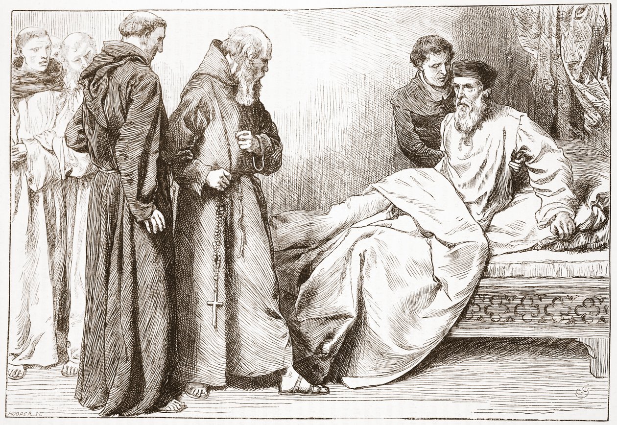Wicliffe y los monjes: escena en la cámara, ilustración de La Historia del Protestantismo por James Aitken Wylie (1808-1890), pub. 1878 de English School