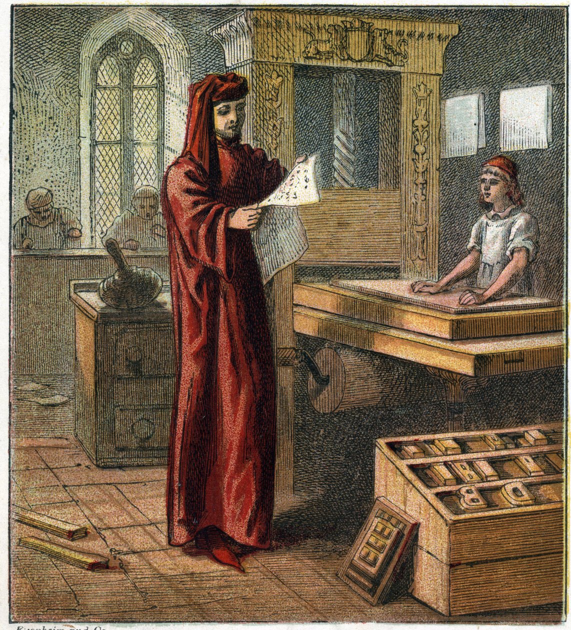 William Caxton (1422-1491), primer impresor inglés, en su taller con una imprenta. William Caxton, el primer impresor inglés de English School