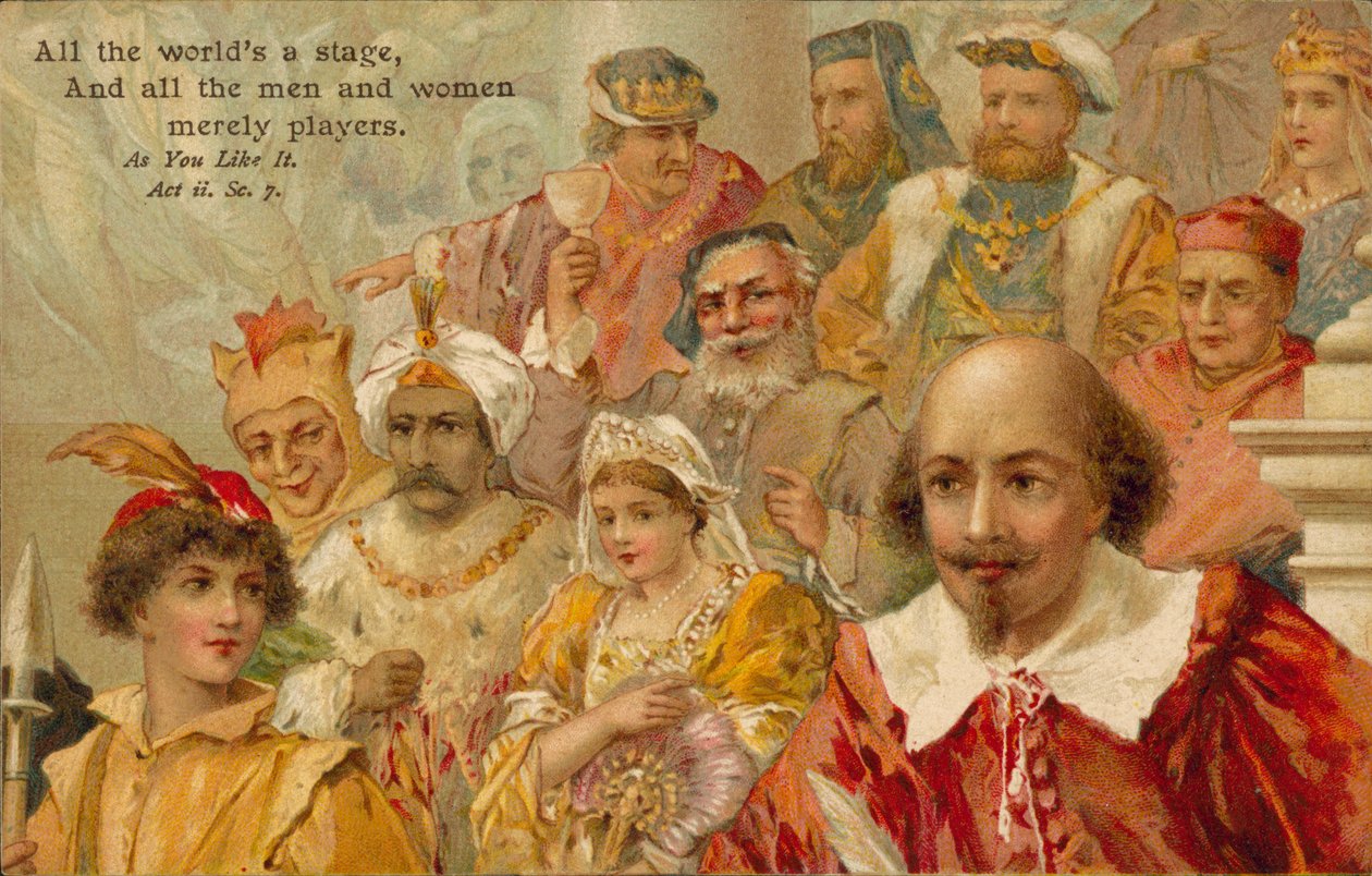 William Shakespeare con algunos de sus personajes (litografía en color) de English School