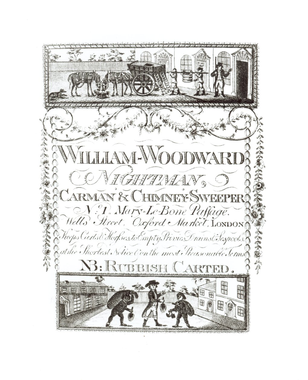 William Woodward, basurero, carretero y deshollinador, No. 1 Mary-Le-Bone Passage, Wells Street, Oxford Market, Londres de English School