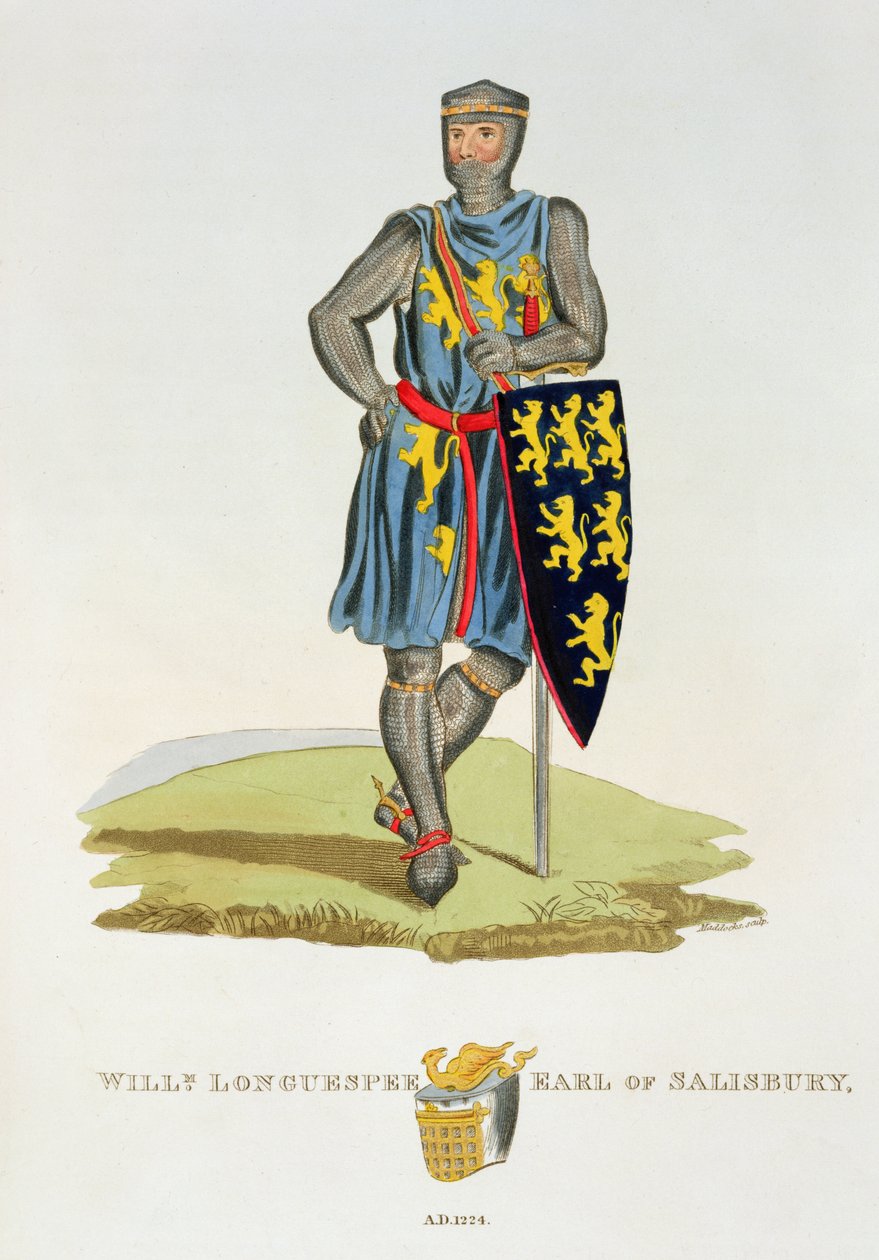 William de Longuespee, 3er Conde de Salisbury, 1224, grabado por W. Maddocks, de Armadura Antigua por Samuel Rush Meyrick, 1824 de English School
