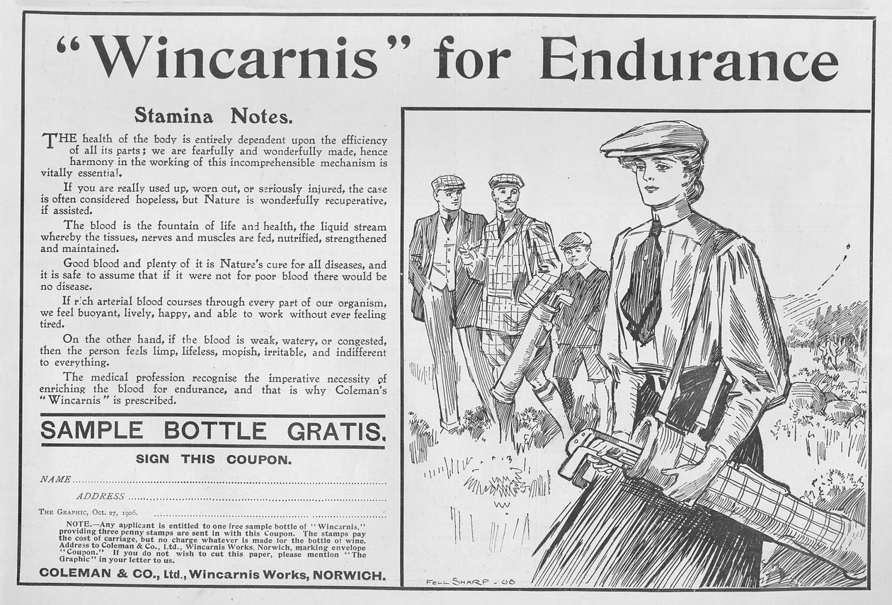 Wincarnis para la resistencia, anuncio de The Graphic, 27 de octubre de 1906 de English School