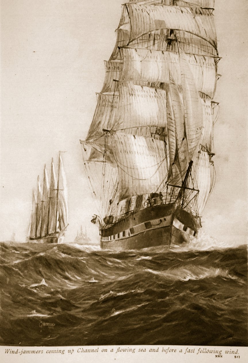 Veleros subiendo por el Canal en un mar agitado y con un viento rápido a favor, 1914-19 de English School