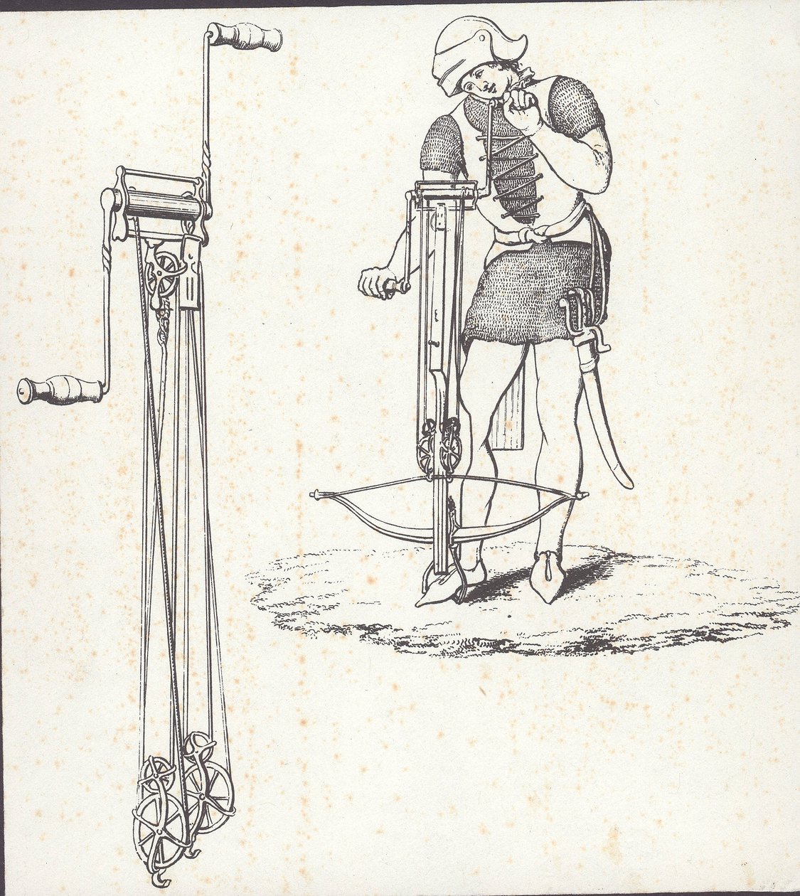 Mecanismo de cabrestante para tensar la ballesta, ilustración de 