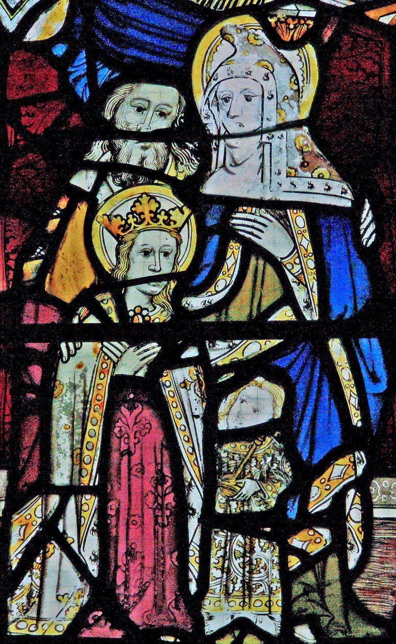 Ventana Ew que representa a Santa Ana, Joaquín, la Virgen María y el Niño Jesús de English School