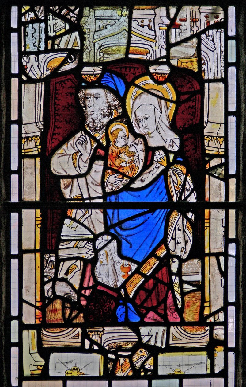 Ventana Ew que representa a Santa Ana, Joaquín, la Virgen María y el Niño Jesús de English School