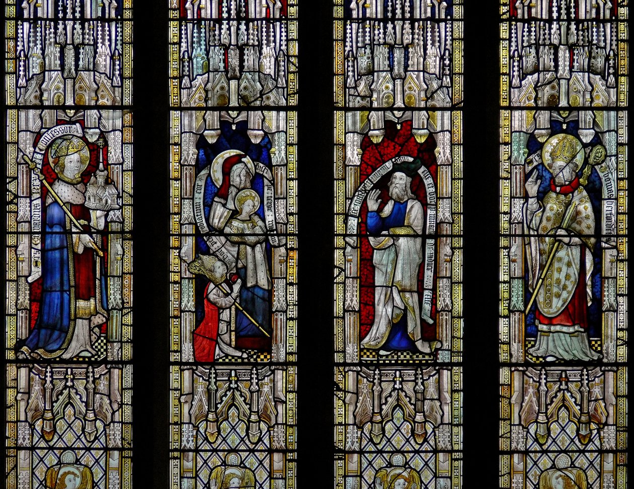 Ventana Ew que representa a San Ethelbert, Santa Ana y la Virgen, Joaquín, San Tomás de Hereford de English School