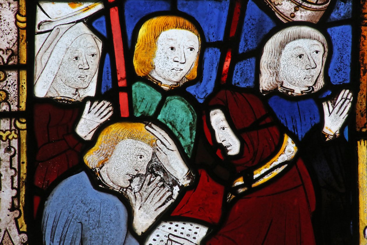 Ventana que representa los Siete Sacramentos: Penitencia de English School