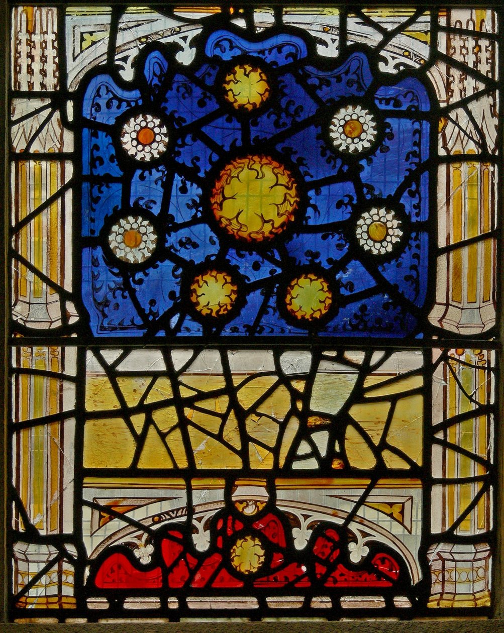 Ventana N4 que representa las Obras de Misericordia: las Siete estrellas de English School