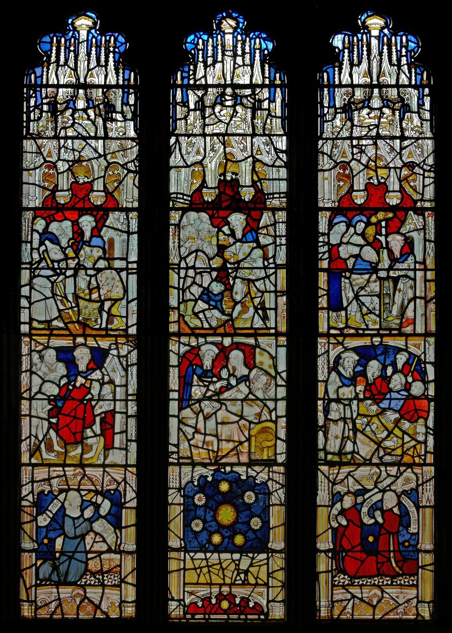 Ventana N4 que representa las Obras de Misericordia de English School