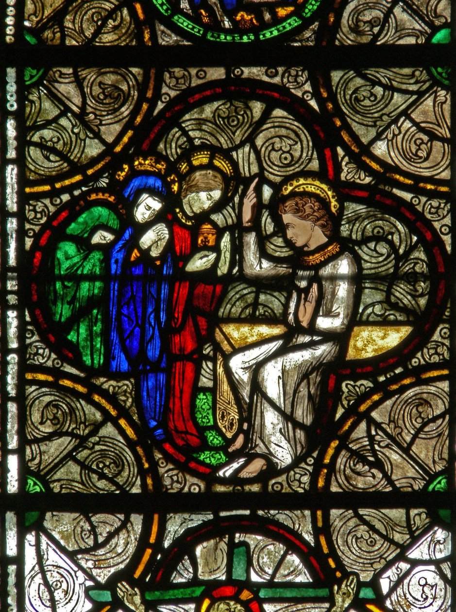 Ventana S representando una escena de Resurrección: el ángel con las Tres Marías de English School