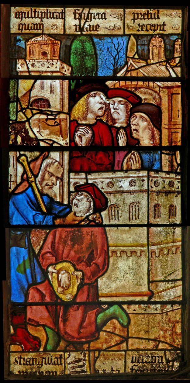 Ventana SaEw representando una escena de una leyenda de San Nicolás: el diablo estrangula a un niño que le ofreció comida en el día de San Nicolás de English School