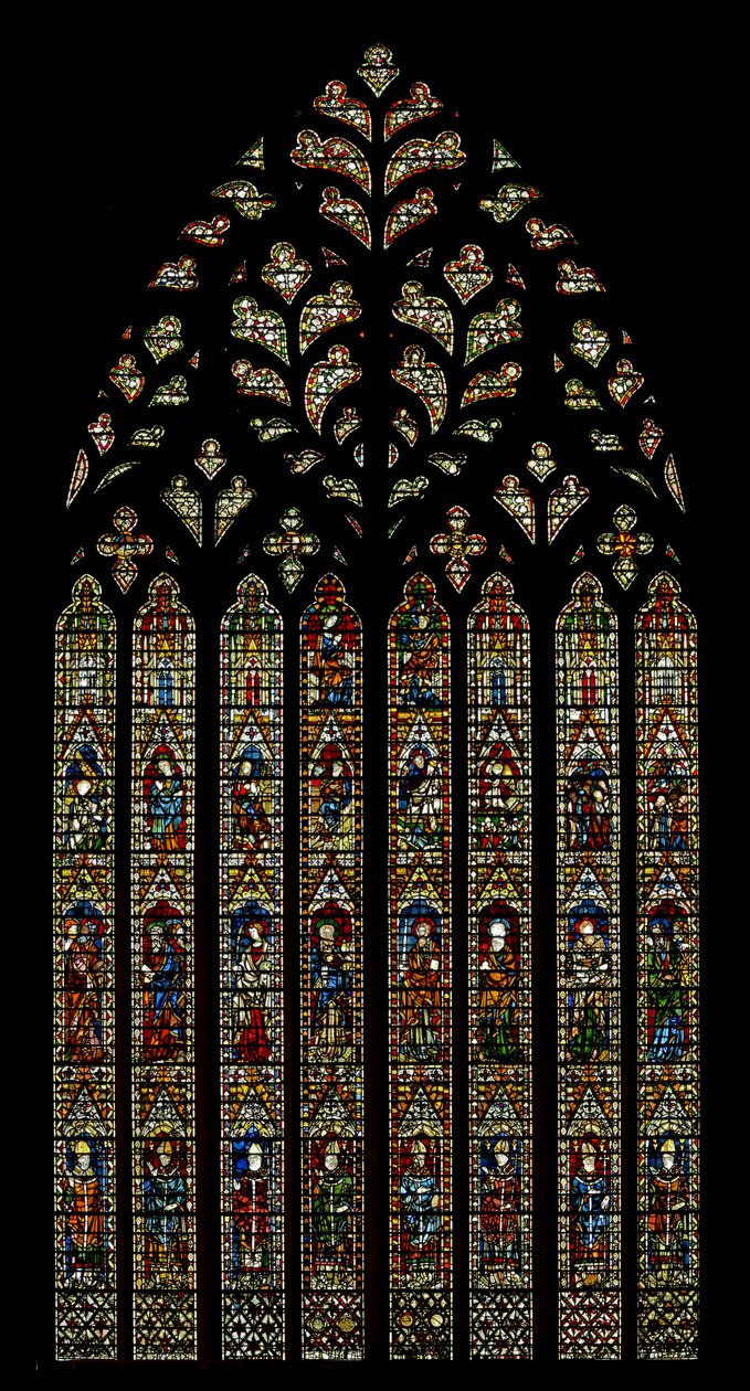 Ventana Ww que representa arzobispos, Apóstoles, la Anunciación, Natividad, Resurrección, Ascensión, Coronación de la Virgen de English School