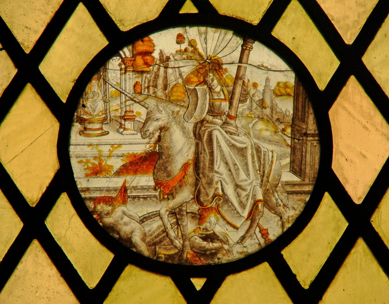 Ventana que representa un unicornio de English School