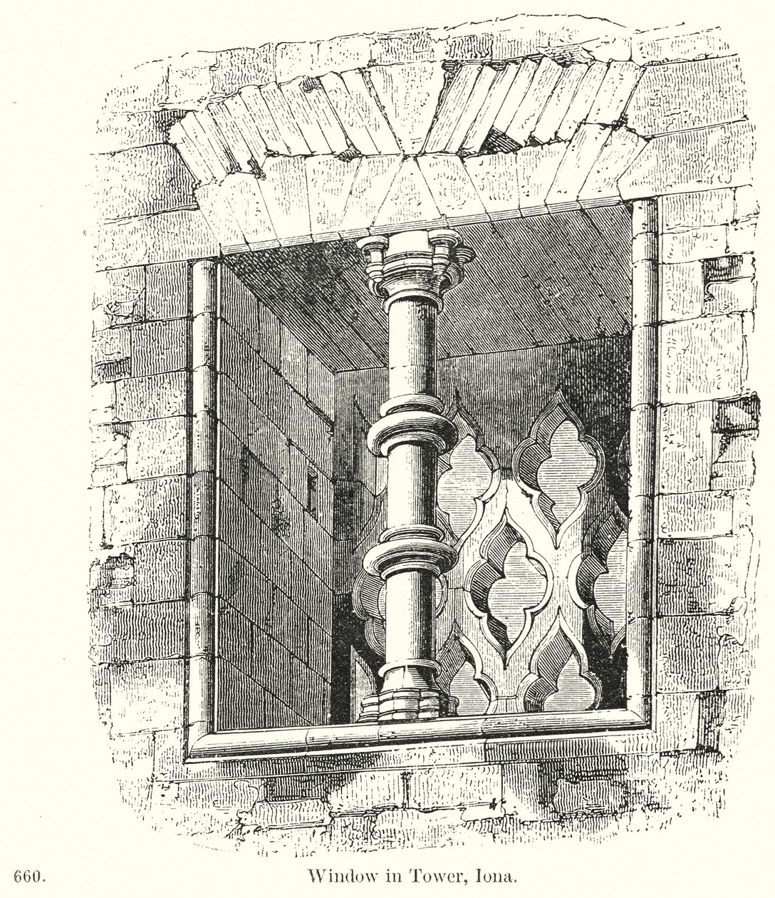Ventana en la torre, Iona (grabado) de English School
