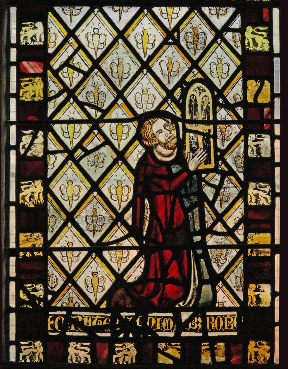Ventana n3 que representa a un donante - Robert Skelton donando la ventana; las canteras con mariposas de English School