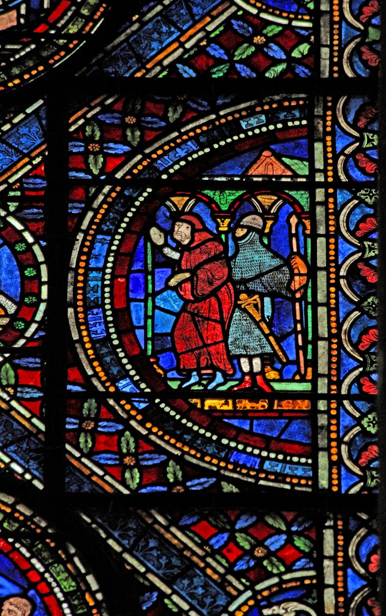 Ventana n7 que representa una escena de la vida de Santo Tomás Becket: un caballero armado y un monje de English School